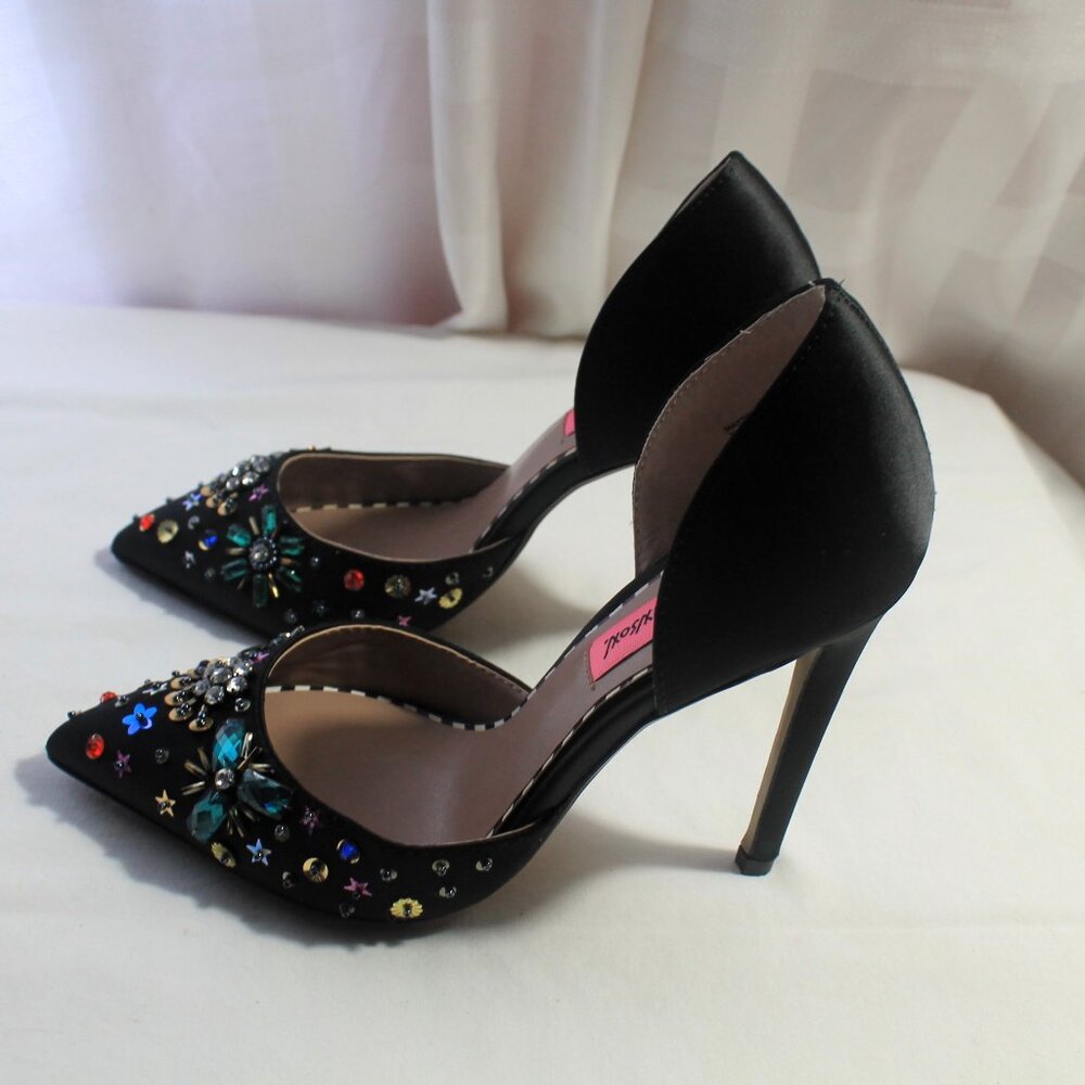 Betsey Johnson Mayson Bejeweled Black Satin Stiletto Heels, 6M, EUC - Picture 4 of 10